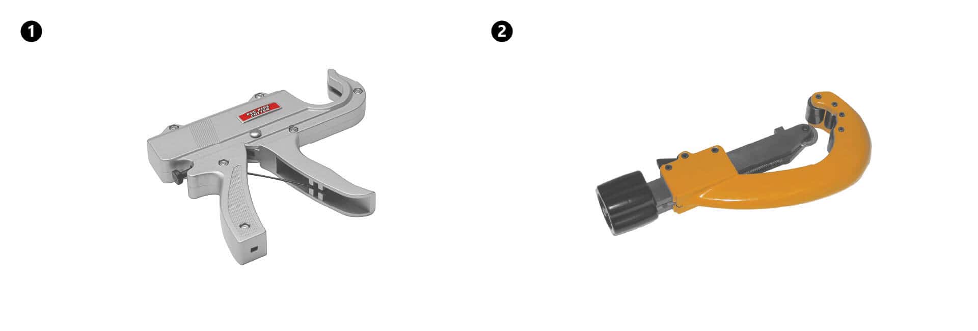 KAN-therm – ultraPRESS-System – das Foto der Pistolenschere für die Rohre mit den Durchmessern von 14-32 mm und der Rollenschere für die Durchmesser von 16-63 mm.