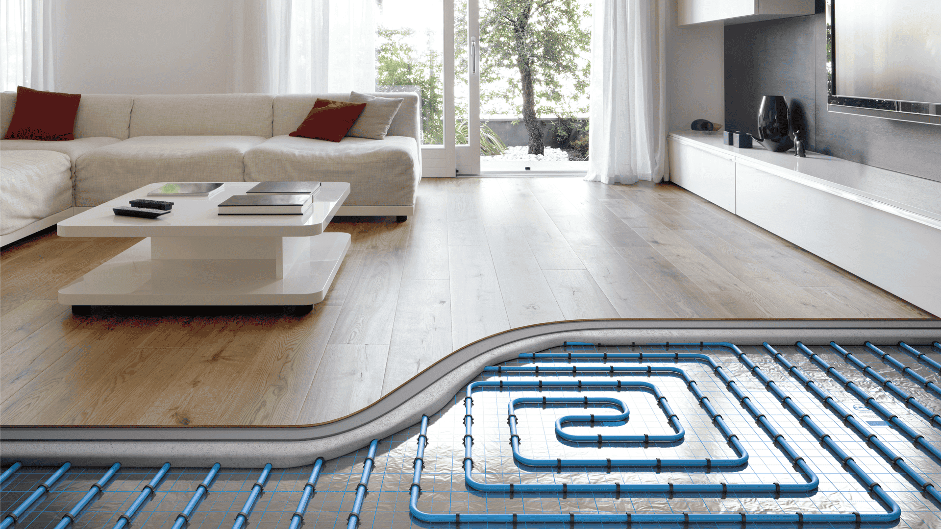 KAN-therm – Tacker-System - 3d-Modell der Flächenheizung in einer Wohnung mit Fußbodenpaneelen